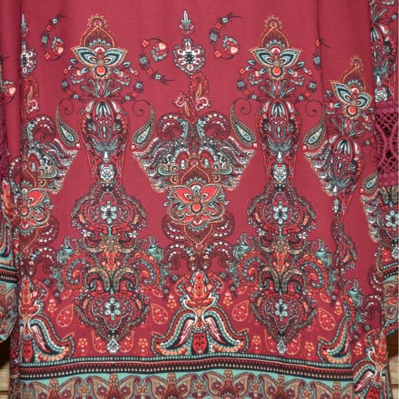 CATO Chiffon Blouse in Burgundy Print Crochet Detail Top Size 18W 20W Tunic - Picture 3 of 11
